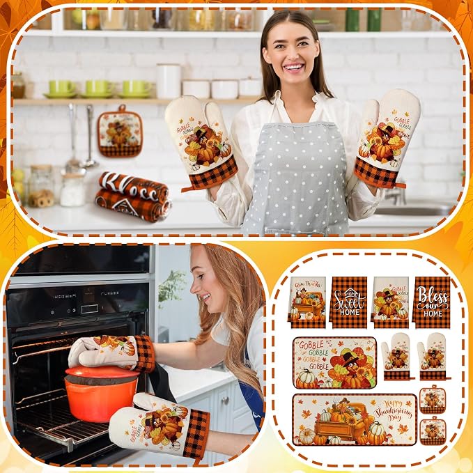 Fanfanwin 10 Pcs Fall Thanksgiving Turkey Kitchen Decor Set Kitchen Towels Pot Holders Oven Mitts and Rugs Set Thanksgiving Towels for Baking Cooking BBQ Autumn Home