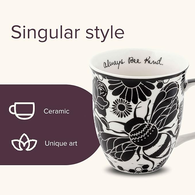 Karma Gifts 14 oz Black and White Boho Mug Bee - Cute Coffee and Tea Mug - Ceramic Coffee Mugs for Women and Men