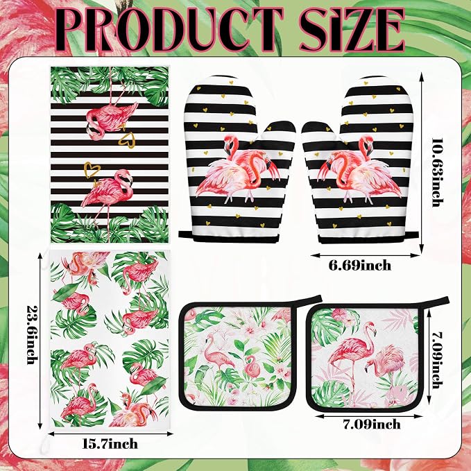 Bencailor 6 Pcs Flamingo Kitchen Towels Oven Mitts and Pot Holders Set Decorative Dish Towels Tea Washcloth Non Slip Heat Resistant Oven Gloves for Summer Home Cooking Baking, Pink