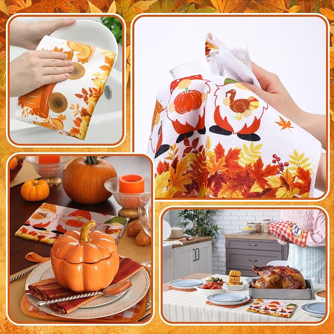 Leinuosen 6 Pack Thanksgiving Kitchen Set with 2 Gnome Dish Towels, 2 Maple Leaves Pot Holders and 2 Car Oven Mitts for Gifting, Baking, and Cooking Accessories
