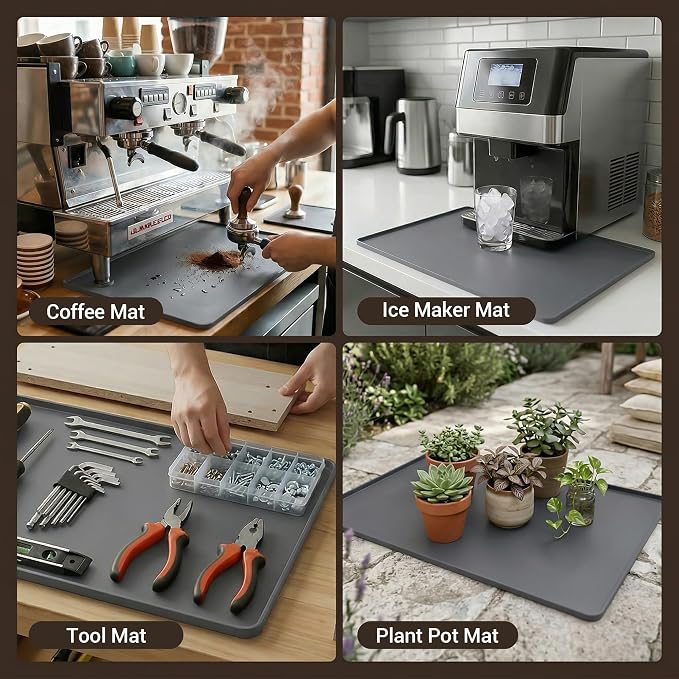 Silicone Coffee Mat for Countertop, 24x16 inch - Heat Resistant Espresso Machine Mat with Raised Edge, Non-Slip Waterproof Station Pad, Compact Coffee Bar & Kitchen Accessories - Grey