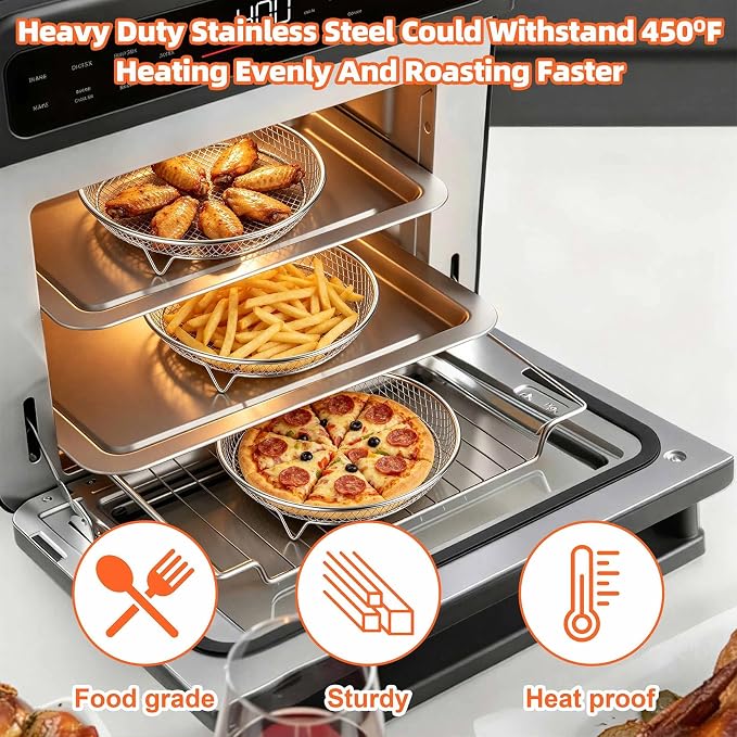 P&P CHEF 7.9'' Round Air Fryer Rack Set of 3, Air Fryer Basket for Grill | Stackable Stainless Steel Air Fryer Accessories for Roasting, With Anti-scalding Clip & Silicone Feet, Oven & Dishwasher Safe
