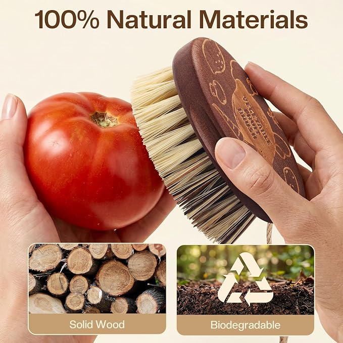 Vegetable and Fruit Cleaning Brush Scrubber Beechwood Handle Fruits Veggie Wash Brushes Potato Carrot Cucumber Mushrooms Washing Cleaner(Beige Brown, 1)