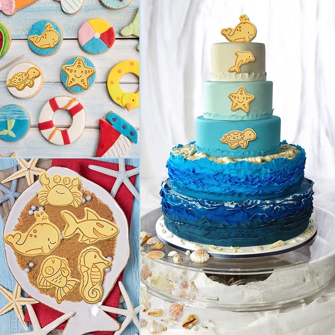 8 Piece Ocean Cookie Cutters With Plunger Stamps Set | 3D Sea Cookie Cutters, Sea Embossing Cutter For Fondant Biscuit Cheese Baking