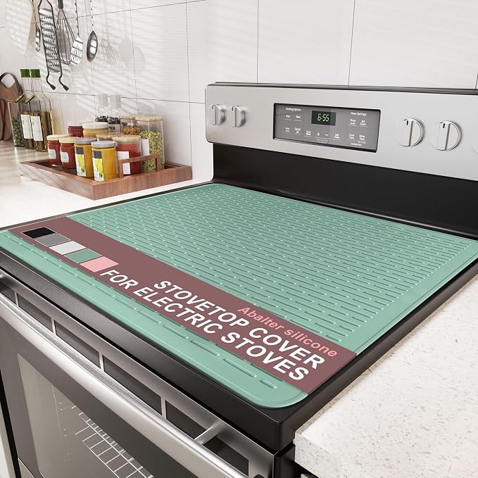 Stove Top Cover for Electric Stove - Food Grade Ceramic Stove top Cover, Silicone XXL Dish Drying Mat, Glass Cooktop Covers, Flat RV Range top Mats (Green,30x21)