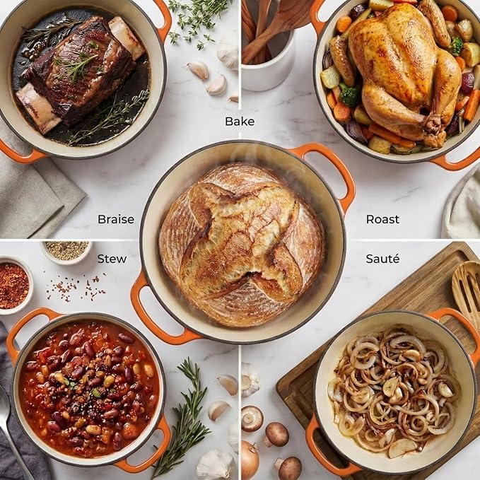 Zulay Kitchen 5 Quart Enameled Cast Iron Dutch Oven Pot with Lid – Premium Durability & Oven Safe up to 500°F – Heavy Duty Cookware Perfect for Bread Baking, Stews, Braising & Roasting – Orange