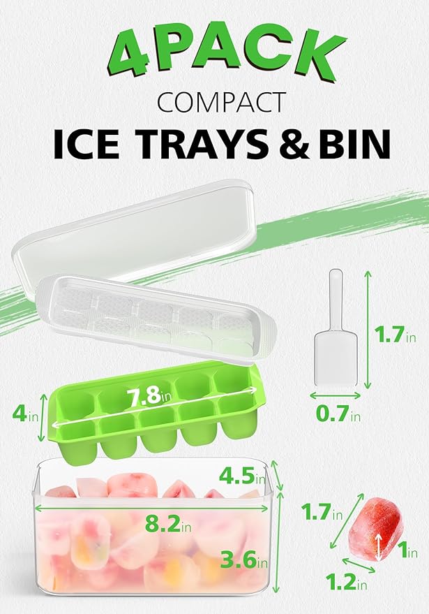 DOQAUS Ice Cube Tray with Lid and Bin, 4 Pack Ice Bucket Kits for RV | Stackable Silicone Ice Trays for Freezer, Easy Pop Out, BPA Free for Cocktail, Coffee, Soup, Food, Kitchen