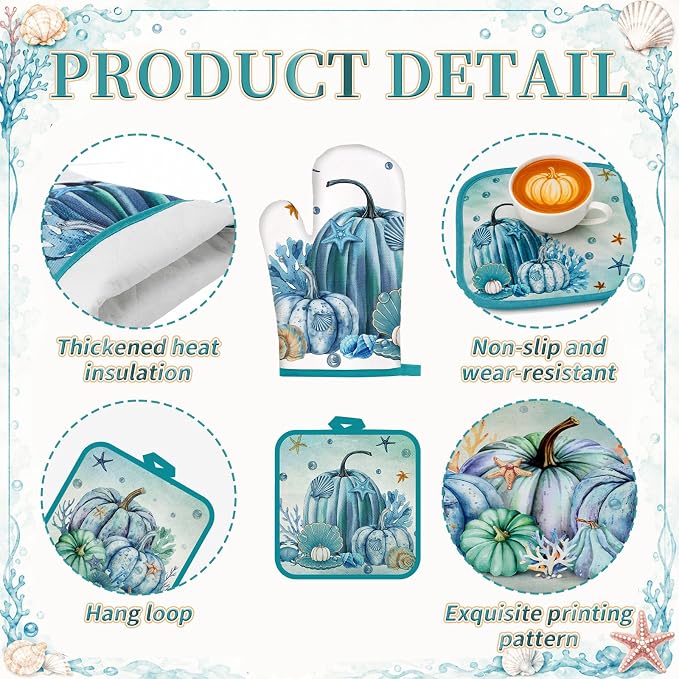 Fanfanwin 10 Pcs Fall Blue Pumpkin Kitchen Decor Set Kitchen Towels Pot Holders Oven Mitts and Rugs Set Thanksgiving Ocean Decoration for Cooking Baking Gift Harvest Autumn Home Decor