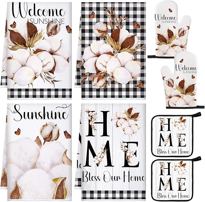 Leinuosen 8 Pcs Rustic Kitchen Towels and Dishcloths Sets Pot Holders and Oven Mitts Sets Absorbent Kitchen Gloves Potholders Heat Resistant for Chef Baking Cooking