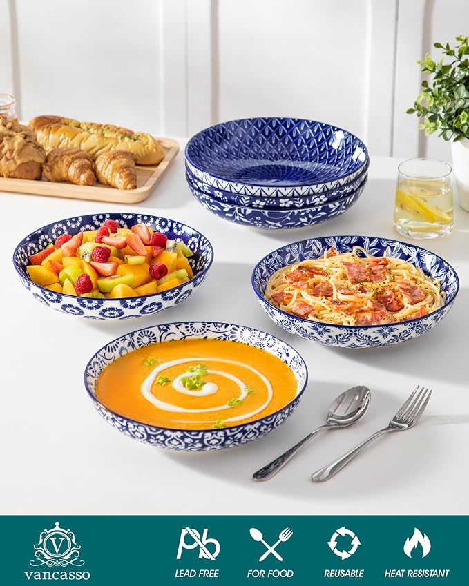 vancasso SELENE 50 oz Large Pasta Bowls Set of 6, Porcelain Serving Bowls, 9.5 Inch Wide Shallow Salad & Soup Bowls, Kitchen Pasta Plates, Microwave and Dishwasher Safe, Blue White Floral Design
