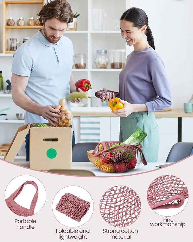 Eccliy 12 Pcs Reusable Mesh Grocery Bags Portable Cotton Produce Containers Washable Net Mesh Tote Bag Handle String Shopping(Pink)