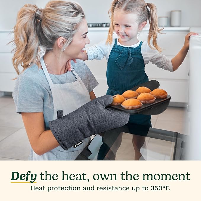 Cuisinart Chambray Kitchen Oven Mitts, Heat-Resistant, 2-Pack, 7"x13" | Non-slip neoprene palm grips up to 350°F, long cuff shields forearms, hang loop for storage, handles cast iron and grilling