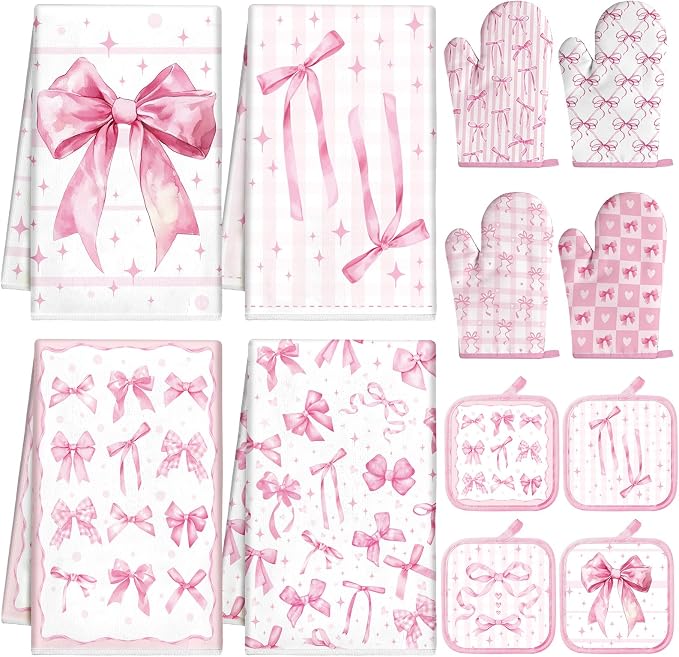 SiliFine 12 Pcs Pink Bow Kitchen Accessories Set Cute Bow Pot Holders Coquette Oven Mitts Pink Ribbon Kitchen Towels for Girly Home Decorations, Cooking Baking Housewarming Gifts