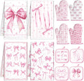 SiliFine 12 Pcs Pink Bow Kitchen Accessories Set Cute Bow Pot Holders Coquette Oven Mitts Pink Ribbon Kitchen Towels for Girly Home Decorations, Cooking Baking Housewarming Gifts
