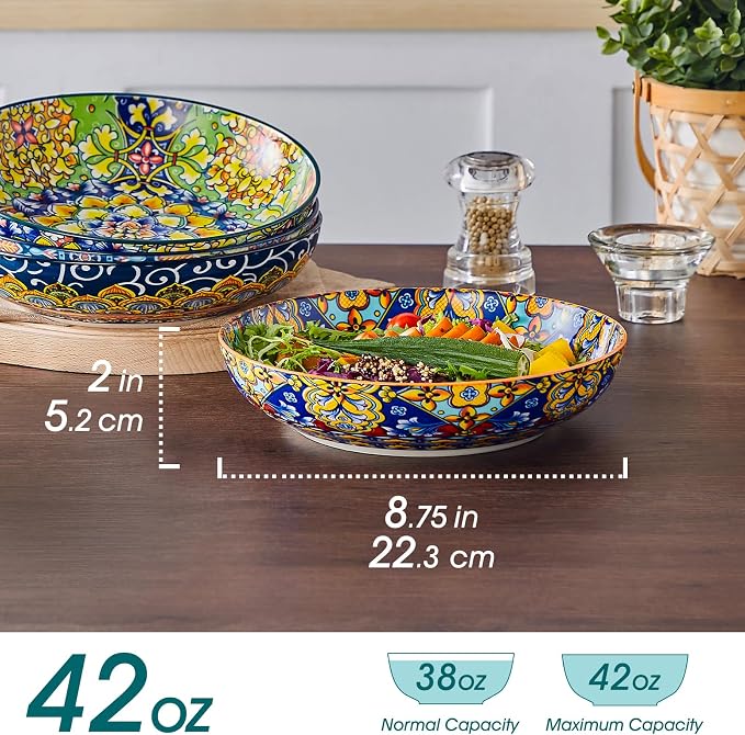 vancasso Pasta Bowls Set of 4, 42oz Ceramic Serving Bowls,Boho Pasta Plates | Large Shallow Bowls for Pasta, Salad, Soup, 42 oz Colorful Bowl Plates, Microwave and Dishwasher Safe Dinner Bowls