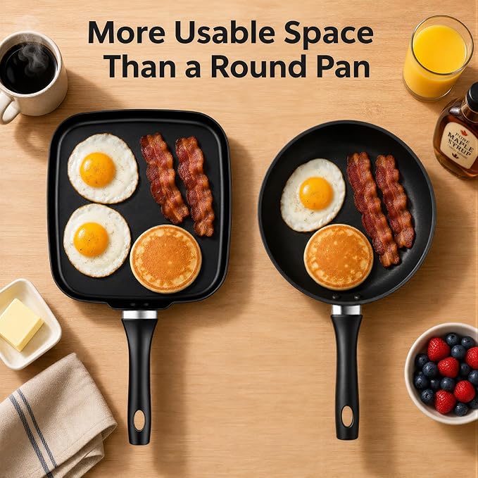 10 Inch Square Griddle Pan, Nonstick Grill Pan for Cooking Eggs, Omelettes, and More, Griddle Cookware, PFOA Free