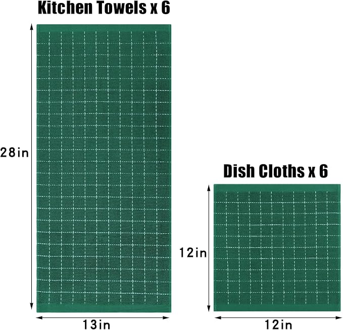 Homaxy Kitchen Towels and Dishcloths Set, Set of 12, Dark Green | Bulk Cotton Terry Kitchen Towels, Checkered Designed, Soft and Super Absorbent Dish Towels, 12 x 12 and 13 x 28 Inches
