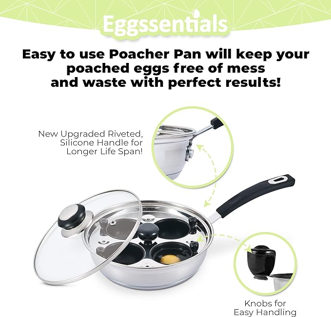 Egg Poacher - Eggssentials Poached Egg Maker, Stainless Steel Egg Poaching Pan, Poached Eggs Cooker Food Grade Safe PFOA Free with Spatula