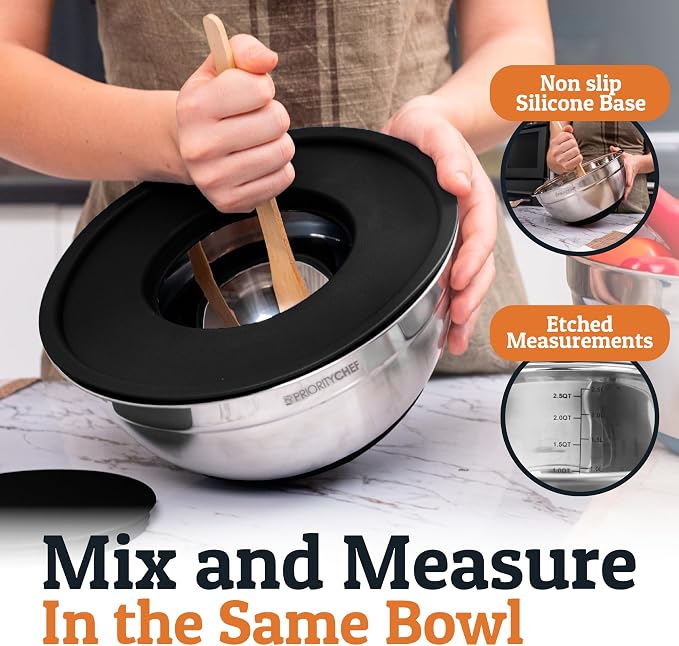 Priority Chef 6pc Stainless Steel Mixing Bowls with Lids Set, 7 Qt, Black | Non-Slip Nesting Bowls, 3 Graters and Interior Measurement Marks; For Meal Prep, Baking and Airtight Fridge Storage