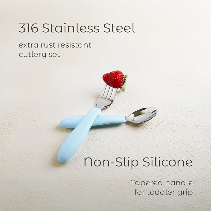 ASOMIC 316 Stainless Steel Toddler Utensils with Travel Case, Yellow | 316 stainless steel fork and spoon with BPA-free silicone handles and travel case; dishwasher safe.