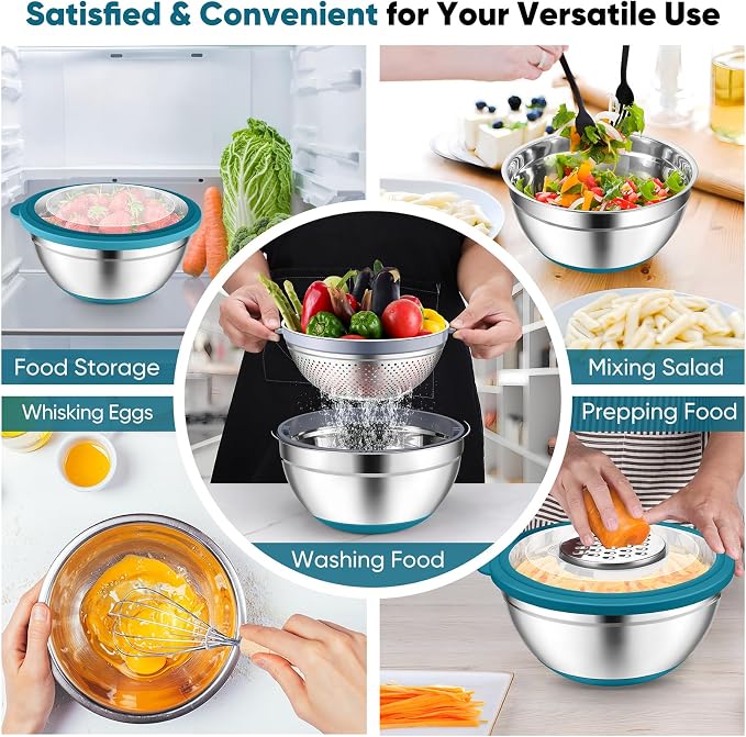 P&P CHEF Mixing Bowls with Lids, Metal Mixing Bowl with Colander, Blue | 3 PCS Stainless Steel nesting bowls for Prepping, Storing, Colander for Draining, 3 Grater Attachments & Non-Slip Bottoms