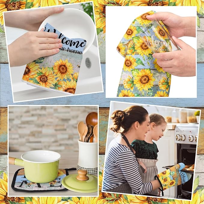 Leinuosen 8 Pcs Farmhouse Sunflower Kitchen Towels and Dishcloths Sets Oven Mitts and Pot Holders Sets Absorbent Kitchen Gloves Potholders Heat Resistant for Chef Baking Cooking