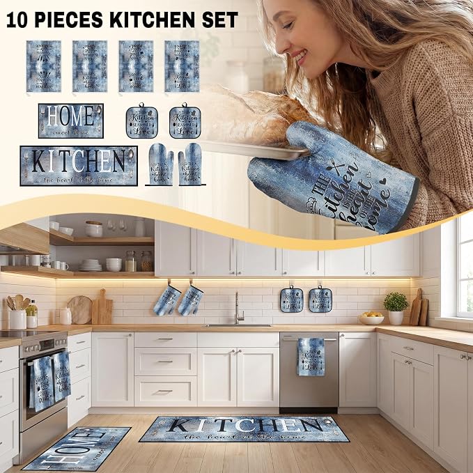 10 Pcs Kitchen Decor and Accessories Set, Rustic Country Blue | Vintage 4 Dish Towels Kitchen Rugs 2 Oven Mitts 2 Pot Holders, Home Decor for Cooking Baking BBQ Gifts Women Mom Housewarming