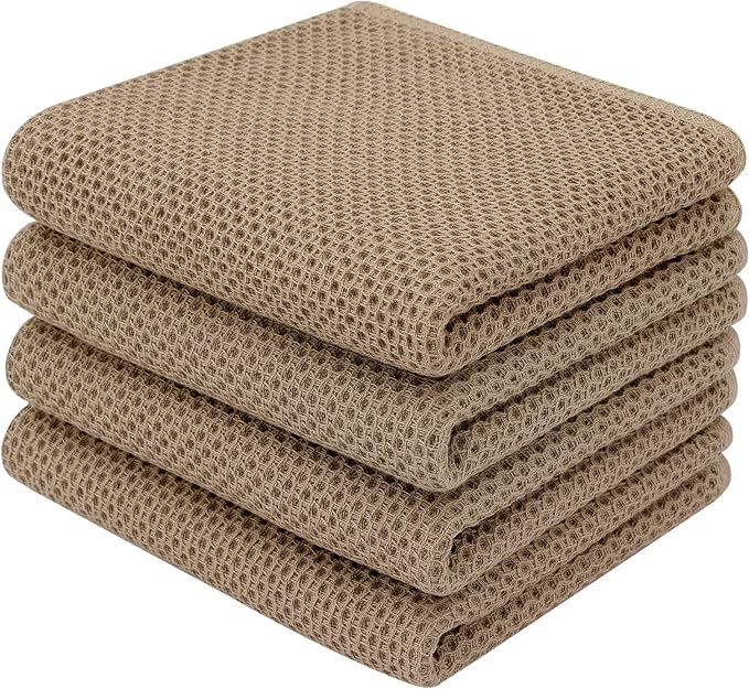 Homaxy 100% Cotton Waffle Weave Kitchen Dish Towels 4-Pack, Tan | 13 x 28 Inches, Ultra Soft Absorbent Dish Towels, Quick Drying Cleaning Towels