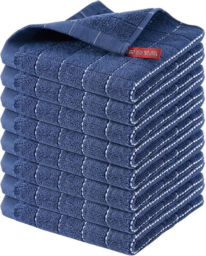 Homaxy 100% Cotton Terry Kitchen Dish Cloths, 8 Pack, Navy Blue | Ultra Soft and Absorbent, Suitable for Drying and Washing Dishes