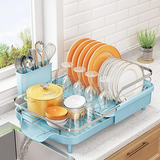 SNTD Expandable Dish Drying Rack for Kitchen Counter, 15.2-22.1 in, Blue | Rust-Resistant Stainless Steel, Protective Side Rails, Self-Draining Drainboard, Removable Utensil Holder