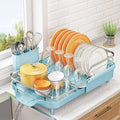 SNTD Expandable Dish Drying Rack for Kitchen Counter, 15.2-22.1 in, Blue | Rust-Resistant Stainless Steel, Protective Side Rails, Self-Draining Drainboard, Removable Utensil Holder