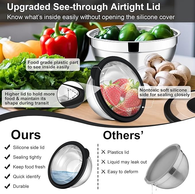 E-far Mixing Bowls Set of 5, Stainless Steel Salad Mixing Bowl with Transparent Lid, Metal Nesting Bowl Attach with 3 Graters for Kitchen Prepping/Serving/Baking/Storage, 4.6/2.6/1.5/1/0.7 QT - Black
