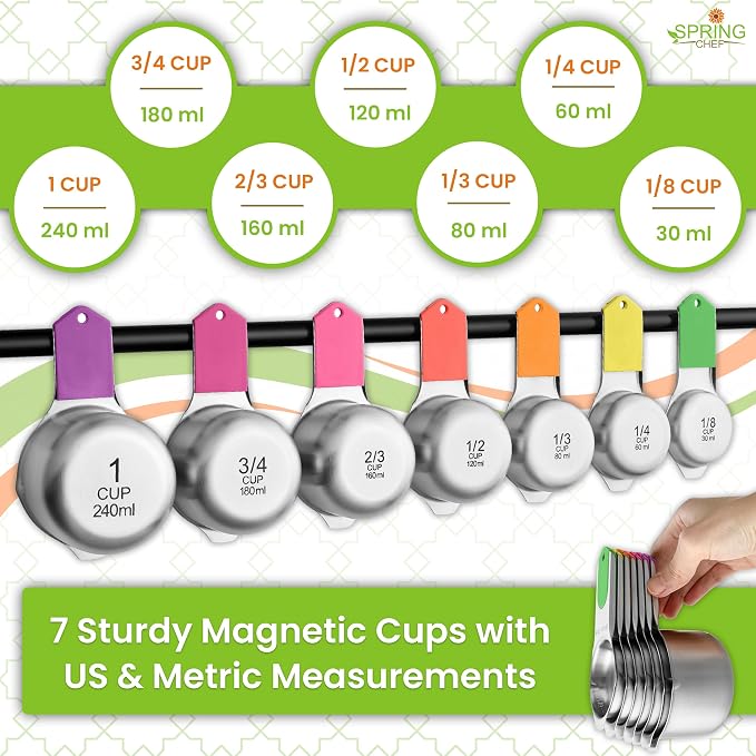 Spring Chef Magnetic Measuring Cups & Spoons Set of 15, Patented, Neon | Stackable Stainless Steel Measuring Cups & Heavy Duty Metal Measuring Spoons with Levelers for Dry & Liquid Ingredients