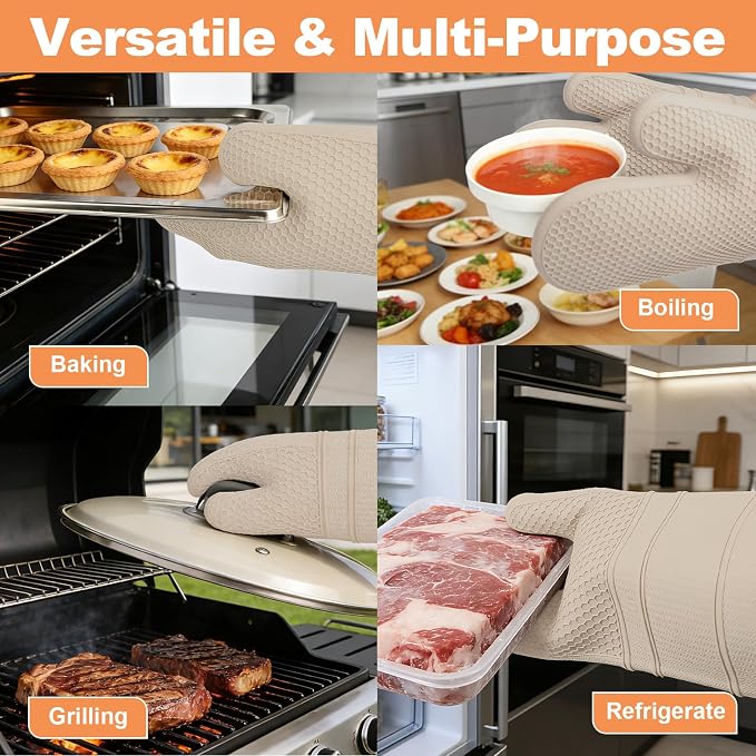 YUTAT Silicone Oven Mitts,Heat Resistant 2PCS Oven Mitts with Soft Polyester Filling,Perfect for Baking and Cooking,Khaki