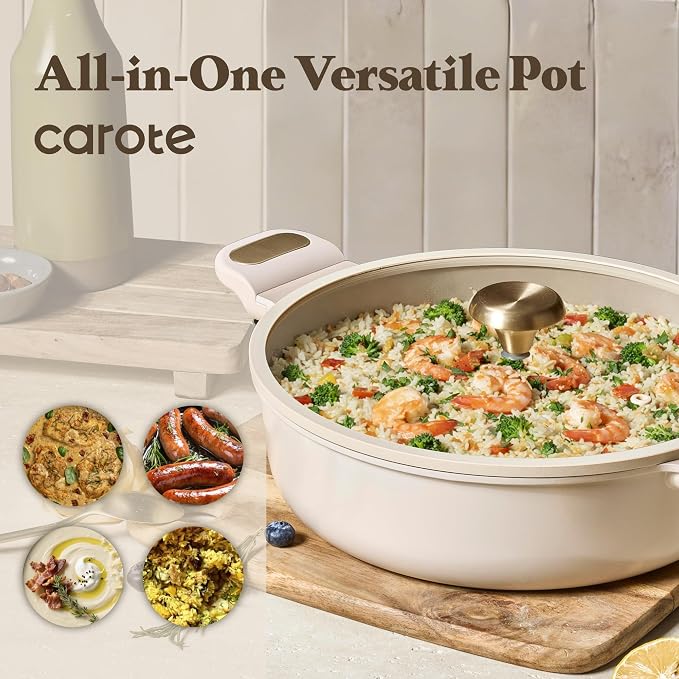 CAROTE 4.5Quart Stock Pot with Lid, Non Toxic Ceramic Soup Pot, Nonstick Cooking Pot, PFAS Free, Dishwasher Safe, Even Heating, Compatible with All Stoves, Light Taupe