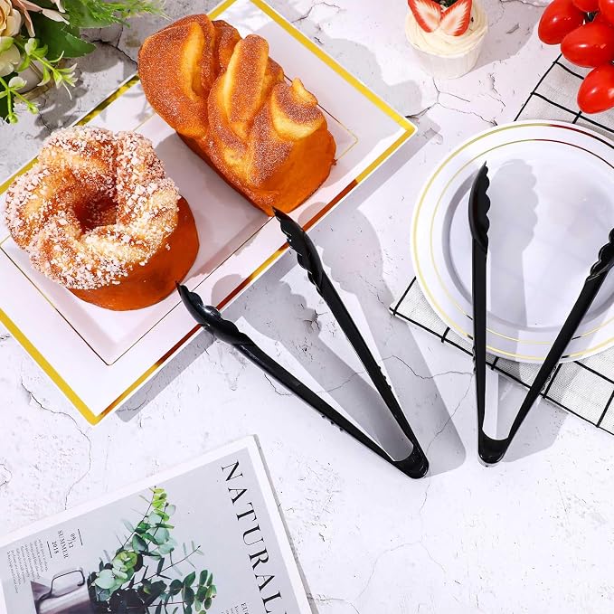 Mwellewm 12 Pc Serving Tongs 9 Inch Bulk Reusable or Disposable Plastic Tongs Heavy Duty Hard Plastic Serving Utensils Set Large Salad Tong for Kitchen Party Food Buffet Appetizer Catering(Black）