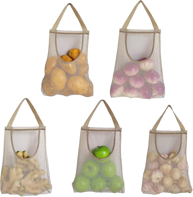 5 Pack Hanging Mesh Storage Bags Potatoes Bag Onion Mesh Garlic Net Long and Large Reusable Net Storage Produce Bags for Kitchen Reusable Grocery Bags (Top opening beige)