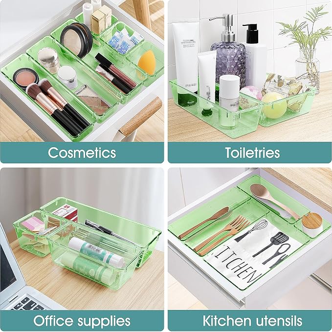 25 PCS Plastic Drawer Organizer Set, Makeup Organizers and Storage Bins | 4 Sizes Desk Drawer Divider Organizers and Storage Bins for Jewelry, Gadgets for Kitchen, Bedroom, Bathroom, Clear Green