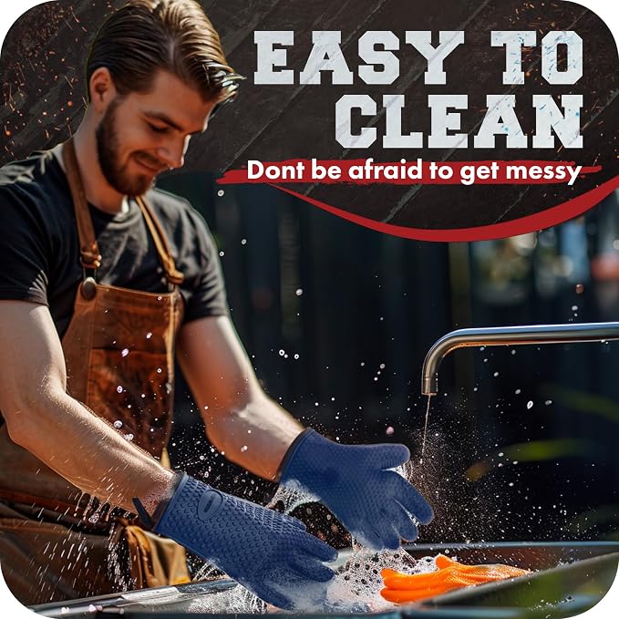 KITCHEN PERFECTION XL Silicone Smoker BBQ Gloves -Heat Resistant Oven Mitts | Waterproof, 5-Finger Design For A Better Grip, for Pitmasters, Meat Smoking, Grilling, Cooking, Frying Turkey | Grill Gift