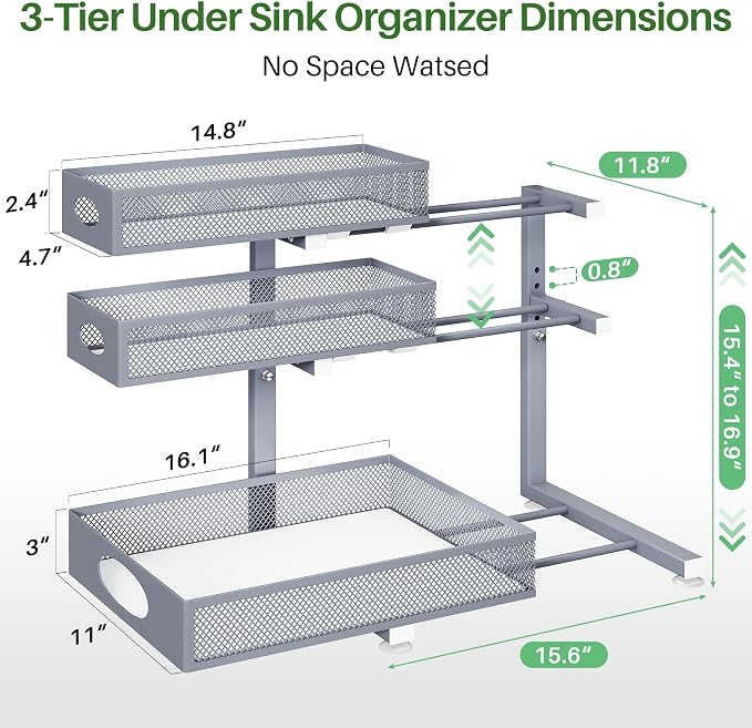 Kitstorack Under Sink Organizer 3-Tier Slide Out Drawer 2-Pack Grey | Height Adjustable, Metal Mesh Storage Rack, Pull out Cabinet Organizer Shelf for Bathroom Kitchen Pantry Home Organization