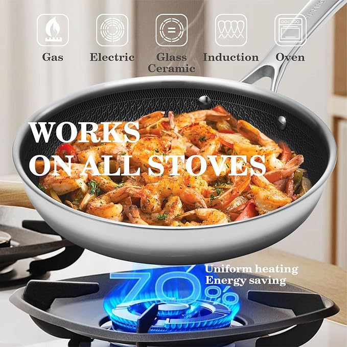 Woks & Stir-fry Pans Nonstick-Hybrid Tri-Ply Stainless Steel Wok10" Nonstick Skillet with Lid,Wave Etch Textured Interior,Dishwasher Safe & Oven Safe PTFE & PFOA FREE Kitchen Cookware for All Cooktops