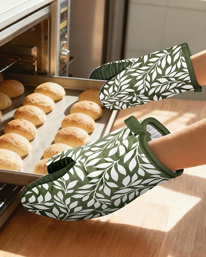 100% Thick Cotton Mini Oven Mitts Silicone Grip Green Leaf | Elegant Classic Oven Mitts for Women, Machine Washable, Non-Slip, Reversible Design Fits Both Hands, Stylish Kitchen Decor