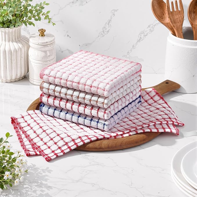 Homaxy 12 Pack Terry Kitchen Dish Cloths, 12"x12", Blue/Pink/Red/Brown | Super Soft and Absorbent Dish Rags, Quick Drying Reusable Dish Towels for Washing Dishes