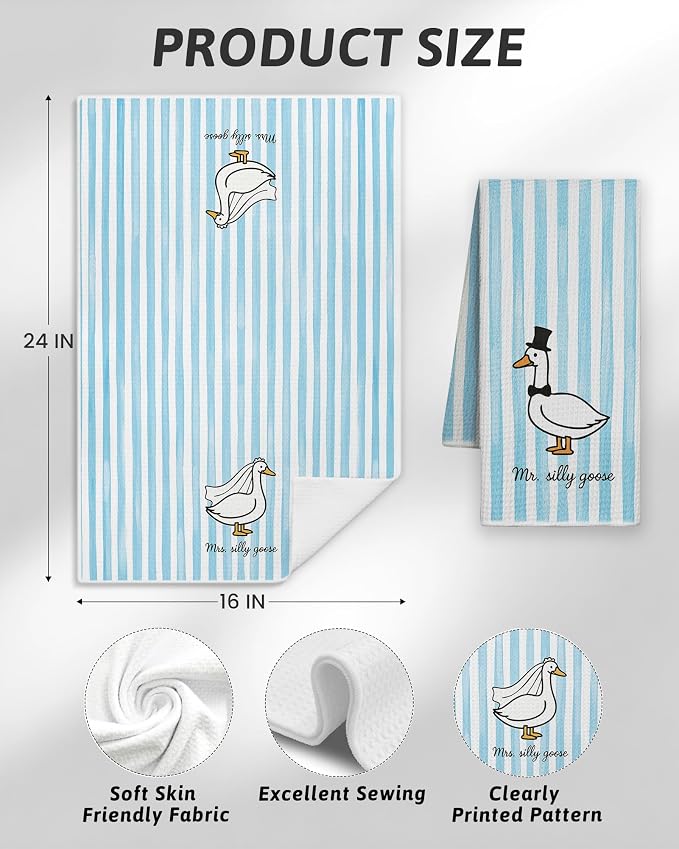 Mr and Mrs Goose Blue Striped Kitchen Towels 16x24 Inch, Wedding Gifts for Couples Newlyweds Dish Tea Towels for Kitchen Decor, Just Married Gifts Decorative Hand Towel for Bathroom, Set of 2