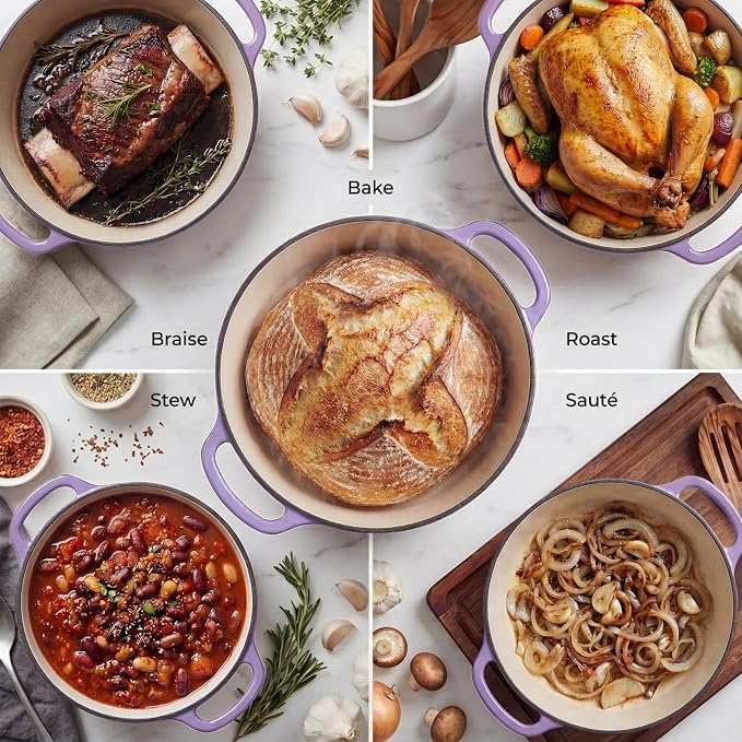 Zulay Kitchen 6.4QT Enameled Cast Iron Dutch Oven Pot with Lid, Heavy-Duty Soup Pot for Stews, Braising, Roasting & Sourdough Bread Baking, Oven Safe up to 500°F - Lavender Jade