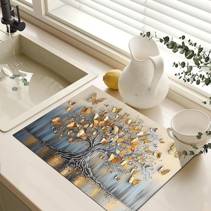 HOMETITUTE Golden Butterfly Tree Stove Top Cover 28x20 Metallic Diatomite Mat