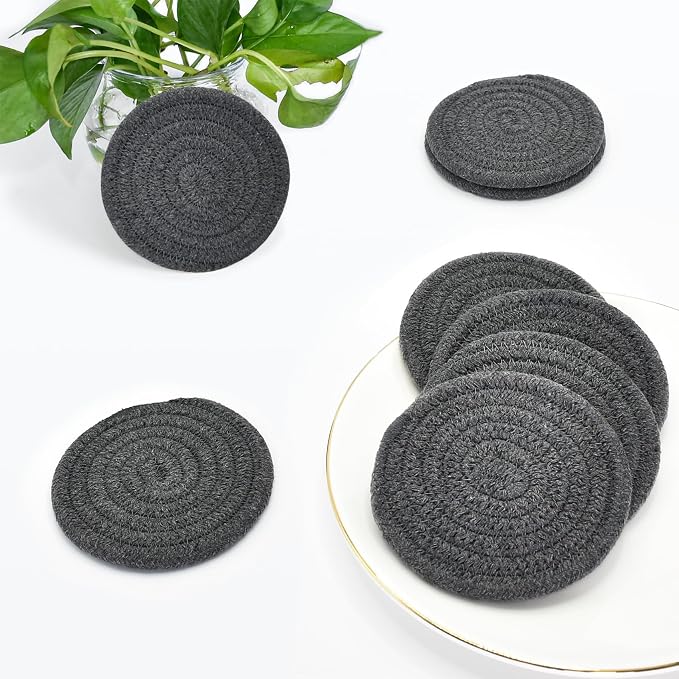 ABenkle Drink Coasters with Holder Set of 10, Cotton Woven Absorbent Coasters for Drinks, Minimalist Home Decor Coaster Set for Wooden Tabletop Protection Table, 4.3 inches
