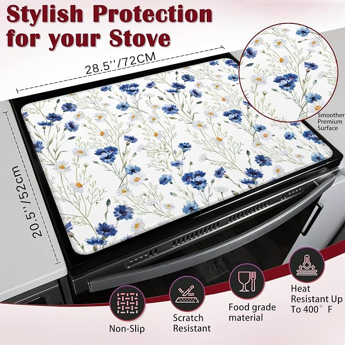 Daisy Electric Stove Top Cover Protector,Blue Cornflower Glass Flat Top Stove Mat,Heat-Resistant Oven Induction Cooktop Mat for Ceramic Countertop Mats Dish Drying Mat