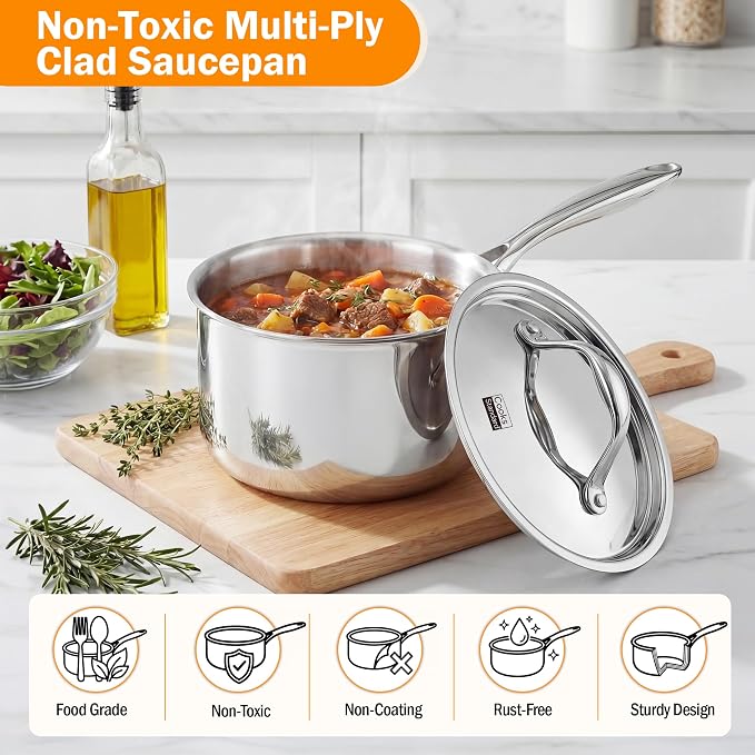 Cooks Standard Multi-Ply Clad 3 Quart Stainless Steel Saucepan with Lid, Kitchen Induction Cooking Sauce Pot Pan, Dishwasher & Oven Safe, Compatible with All Cooktops