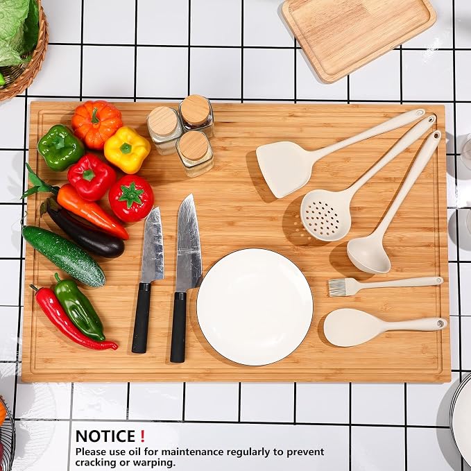 Sintuff 30 x 20'' Extra Large Bamboo Cutting Board Stove Top Cover Cutting Board with Juice Groove and Handle Over the Sink XXXL for Kitchen Serving Cheese Meat Turkey, Pre Oiled